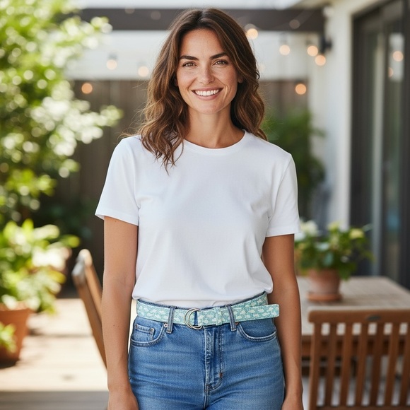 VINEYARD VINES Women’s L 32” Max Adjustable Blue Fish D Ring Fabric Belt Preppy - Picture 5 of 5